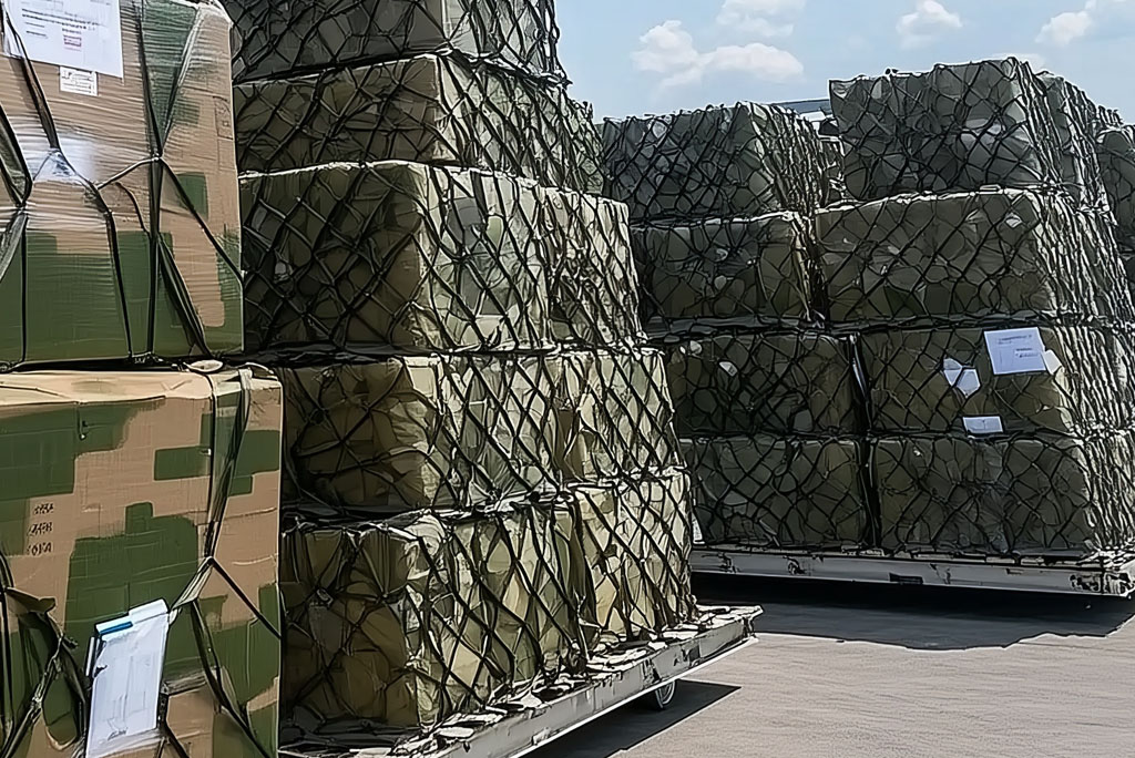 Stacked cargo boxes in camouflage netting on a tarmac under a blue sky.